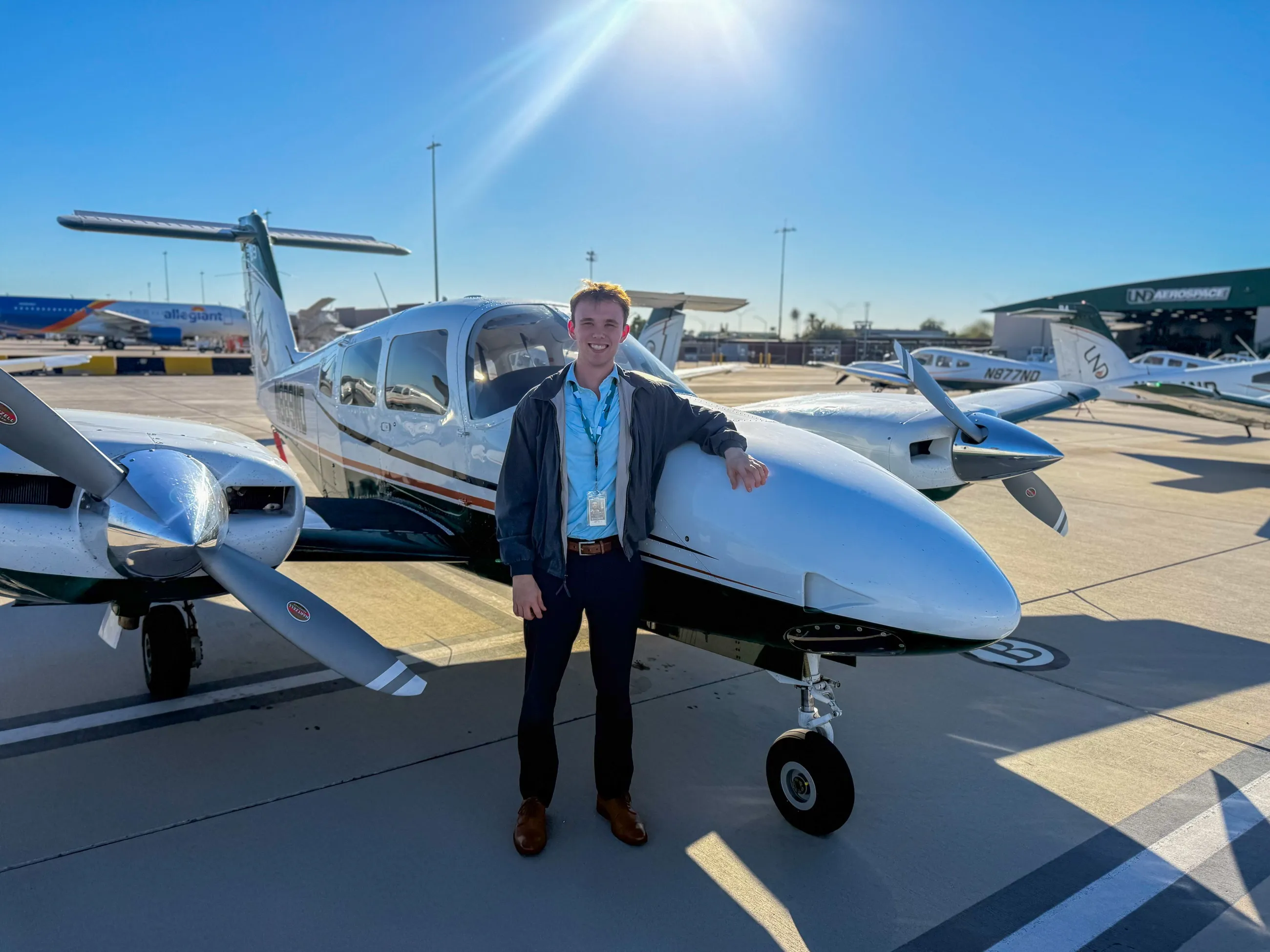 Brandon with a Piper Seminole on the UND Aerospace Phoenix ramp